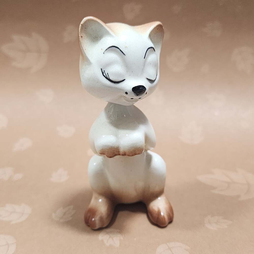 Two Piece Cat Nodder Bobble Head Hand Painted Ceramic Figurine Vintage